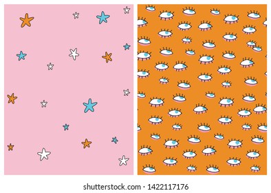 Funny Hand Drawn Abstract Eyes with Blue Pupils Vector Pattern. Scary Eyes Isolated on an Orange Background. Blue, White and Orange Stars on a Light Pink Layout. Repeatable Design for Textile, Card.