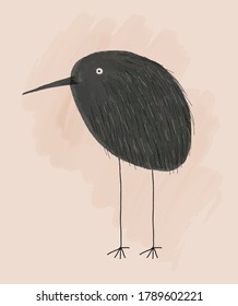 Funny Hand Drawn Abstrtact Vector Illustartion with Black Bird Isolated on a Beige Background. Black Heron with Long Beak and Legs.