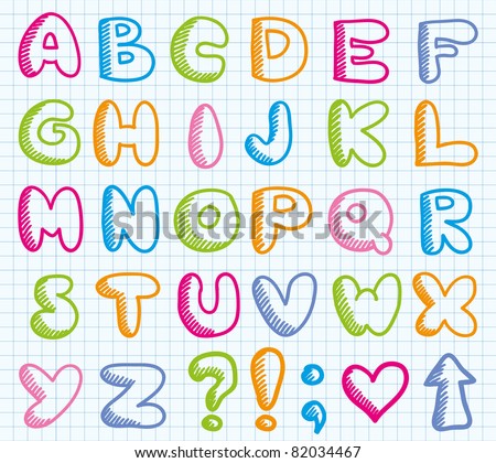 funny hand drawn alphabet on realistic paper page
