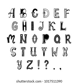 Funny hand drawn alphabet. Vector letters set. Fun fairytale style with decorations.