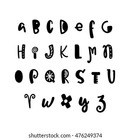 Funny hand drawn alphabet. Vector letters set. Fun style with decorations.