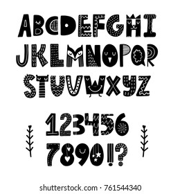 Funny hand drawn alphabet. Vector letters set. Scandinavian style with decorations.