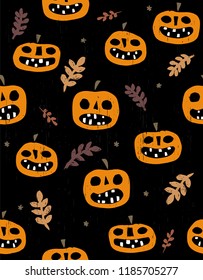 Funny Hand Drawn Angry Pumpkins Vector Pattern. Scary Orange Pumpkins Isolated on a Black Grunge Background. Leaves and Twigs Among Pumpkins. Abstract Dark Halloween Repeatable Vector Design.