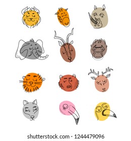 Funny hand drawn animal characters isolated on white background