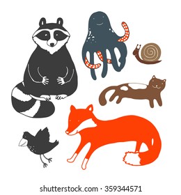 Funny hand drawn animals on a white background.Vector illustration.