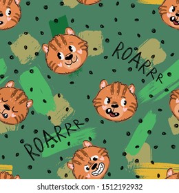 Funny hand drawn baby tigers. Cute cartoon coloring vector seamless pattern. Illustration for kids