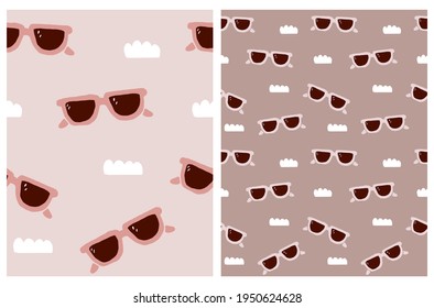 Funny Hand Drawn Beach Party Seamless Vector Pattern with Sunglasses and Clouds Isolated on a Light Pink and Pink-Brown Background. Simple Infantile Style Summer Party Art ideal for Fabric, Textile.