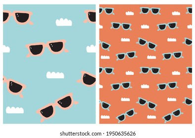 Funny Hand Drawn Beach Party Seamless Vector Pattern with Sunglasses and Clouds Isolated on a Light Blue and Red Background. Simple Infantile Style Summer Party Art ideal for Fabric, Textile.