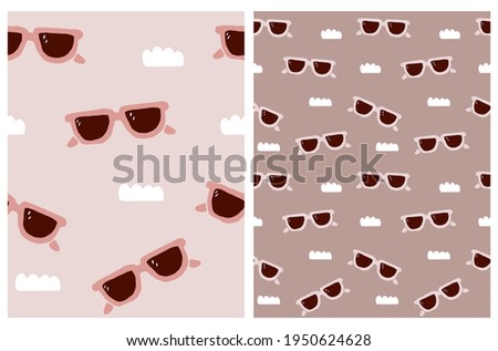 Funny Hand Drawn Beach Party Seamless Vector Pattern with Sunglasses and Clouds Isolated on a Light Pink and Pink-Brown Background. Simple Infantile Style Summer Party Art ideal for Fabric, Textile.