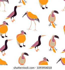 Funny hand drawn birds. Seamless pattern. Vector illustration.