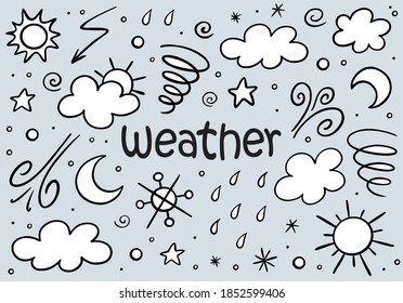 Funny hand drawn black and white doodle weather background. Flat vector illustration 