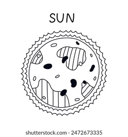 Funny hand drawn black and white Sun. Huge warm star, the center of Solar System. Childish isolated doodle of astronomy celestial body for kids education, Galaxy infographic, universe poster, design.