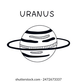 Funny hand drawn black and white Uranus. Outline ice planet of Solar System and Galaxy. Childish simple doodle isolated. Astronomy celestial body for kids education, infographic, astrology design.