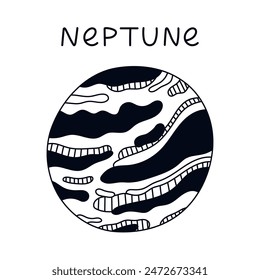 Funny hand drawn black and white Neptune. Outline ice planet of Solar System. Childish simple doodle isolated. Astronomy celestial body for kids education, outer space infographic, astrology design.