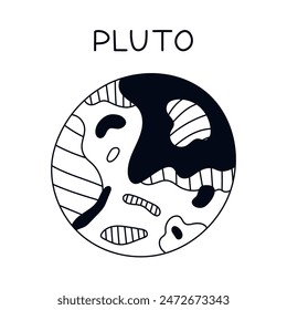 Funny hand drawn black and white Pluto. Outline planet of Solar System and Galaxy. Childish simple doodle isolated. Astronomy celestial body for kids learning, infographic, astrology design, poster.