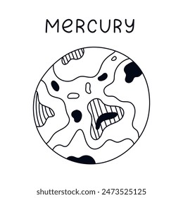 Funny hand drawn black and white Mercury. The closest rocky planet to the Sun of Solar System. Childish outline doodle of astronomy celestial body for kids education, infographic isolated on white.