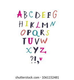 Funny hand drawn bright font set. ABC, alphabet. Clipart, isolated vector letters.