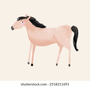 Funny Hand Drawn Brown Horse. Crayon Drawing Like Graphic with Horse on a Beige Background. Cute Farm Animal. Nursery Art Ideal for Wall Art, Poster. Kids' Room Decoration. RGB.