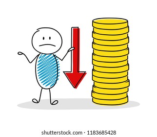 Funny hand drawn businessman showing money stack. Vector.