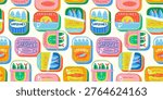 Funny hand drawn canned fish cartoon seamless pattern. Colorful tinned sardines sea food background illustration. Sardine can drawing surface print.