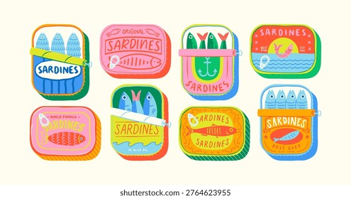 Funny hand drawn canned fish cartoon illustration set. Colorful tinned sardines sea food graphic element collection. Sardine can drawing bundle on isolated background.