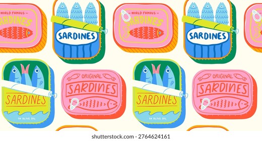 Funny hand drawn canned fish cartoon seamless pattern. Colorful tinned sardines sea food background illustration. Sardine can drawing surface print.