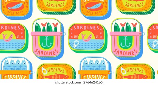 Funny hand drawn canned fish cartoon seamless pattern. Colorful tinned sardines sea food background illustration. Sardine can drawing surface print.