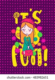 Funny hand drawn card. Vector colorful doodle poster in autumn style. Design for scrap booking.