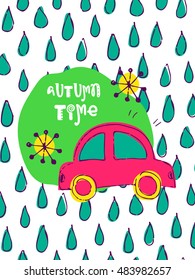 Funny hand drawn card. Vector colorful doodle poster in autumn style. Design for scrap booking.