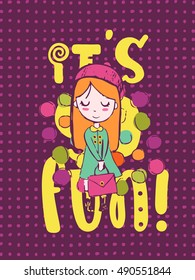 Funny hand drawn card. Vector colorful doodle poster in autumn style. Design for scrap booking.