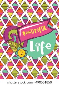 Funny hand drawn card. Vector colorful doodle poster in autumn style. Design for scrap booking.