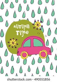 Funny hand drawn card. Vector colorful doodle poster in autumn style. Design for scrap booking.