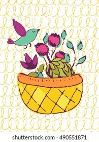 Funny hand drawn card. Vector colorful doodle poster in autumn style. Design for scrap booking.