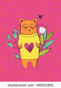 Funny hand drawn card. Vector colorful doodle poster in autumn style. Design for scrap booking.