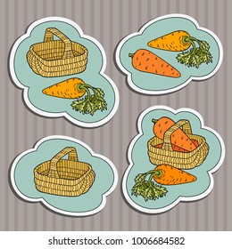 Funny hand drawn carrots in baskets. Vector stickers set 