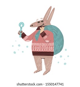 Funny hand drawn cartoon bunny character wearing knitted sweater. Mammal holding candle and bag with presents. Vector illustration for your own design.