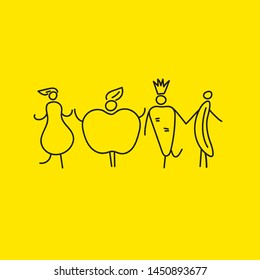 Funny hand drawn cartoon flat characters of fruits and vegetables. Vector sketch illustration