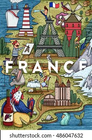 Funny Hand drawn Cartoon France map with most popular places of interest. Vector illustration