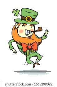 Funny hand drawn cartoon illustration of dancing Leprechaun with clover in hat. Editable EPS vector