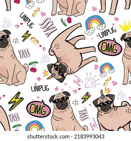 Funny hand drawn cartoon Pug dog pattern. Seamless pattern for kids textile, fabric, wrapping paper