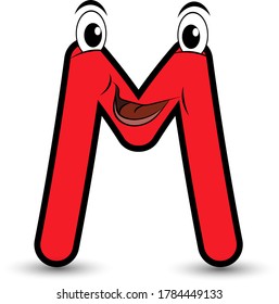 Caricatura divertida dibujada a mano estilo fuente letra colorida M con la cara sonriente ilustración del alfabeto vector aislado en blanco