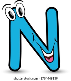 Funny hand drawn cartoon styled font colorful letter N with smiling face vector alphabet illustration isolated on white