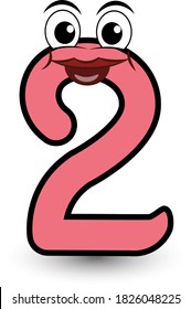 Funny hand drawn cartoon styled alphabet font colorful number two with smiling face vector alphabet illustration isolated on white