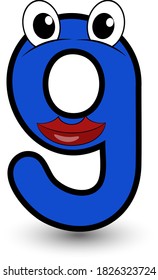 Funny hand drawn cartoon styled alphabet font colorful number nine with smiling face vector alphabet illustration isolated on white