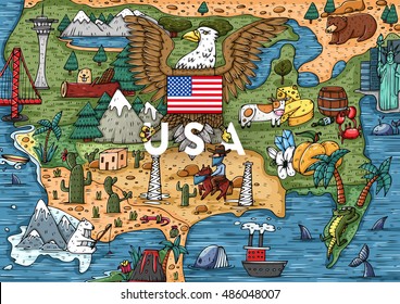 Funny Hand drawn Cartoon USA map with most popular places of interest. Vector illustration