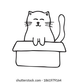 Gracioso gato dibujado a mano en la caja. Ilustración de carteles para tarjetas de felicitación, carteles y stickers. Ilustración vectorial aislada en fondo blanco. 