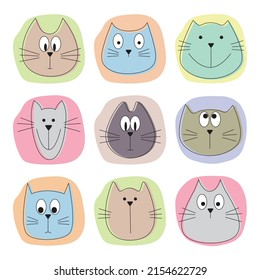 Divertidas caras de gatos dibujadas a mano con formas abstractas