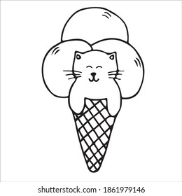 Funny hand drawn cat in ice cream. Doodle illustration for greeting cards, posters and stickers. Vector Illustration isolated on white background. 