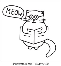 Funny hand drawn cat with newspaper. Doodle illustration for greeting cards, posters and stickers. Vector Illustration isolated on white background. 