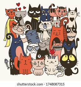 Graciosos gatos dibujados a mano. Ilustración vectorial de animales con gatitos adorables.